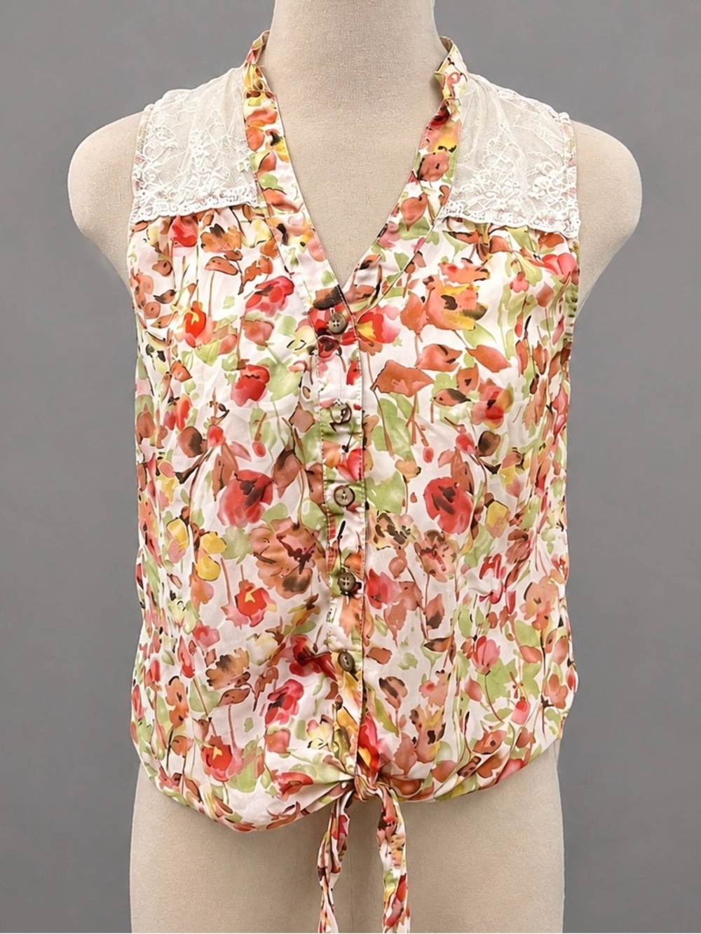 BoHo Chic Lace Floral Accent Sheer Tie Waist Back Button Shirt Top S